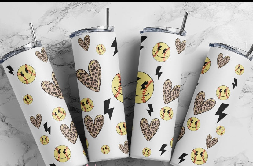 Leopard Softball smiley 20 oz tumbler