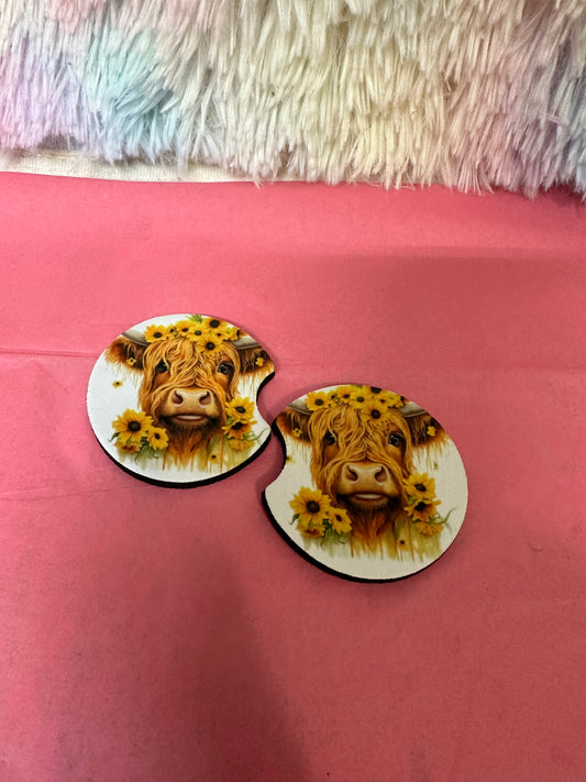 Sunflower Highland cow car coasters