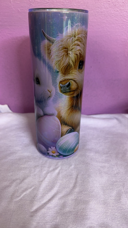 Highland cow and rabbit shimmer 20 oz tumbler